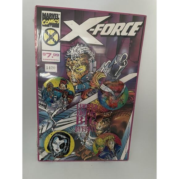 X-Force Limited Edition Big Buttons 2" Cover Set 2 #1694 1991 4 Pins Sealed - Picture 1 of 4